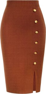 Kate Kasin Women Knit Pencil Skirt Knee Length High Waisted Slit Bodycon Sweater Skirts with Buttons